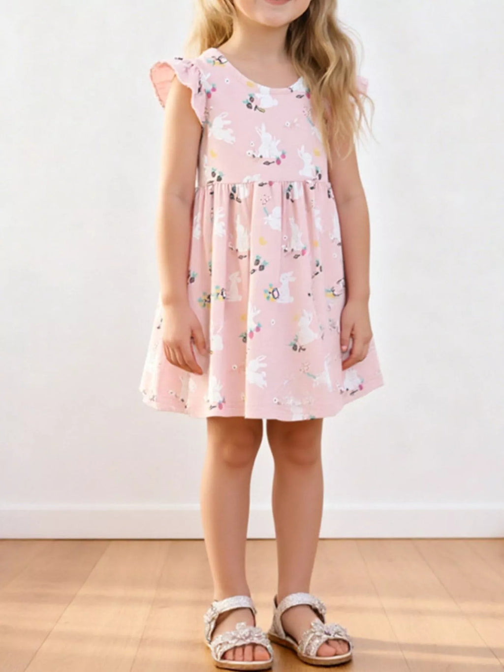 Children's Cute Bunny Print Flutter Sleeve Dress