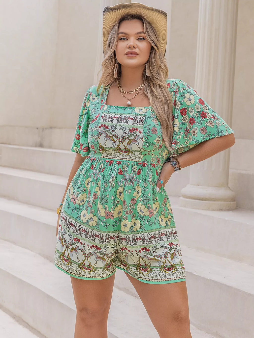 Plus Size Floral Print Square Neck Romper
