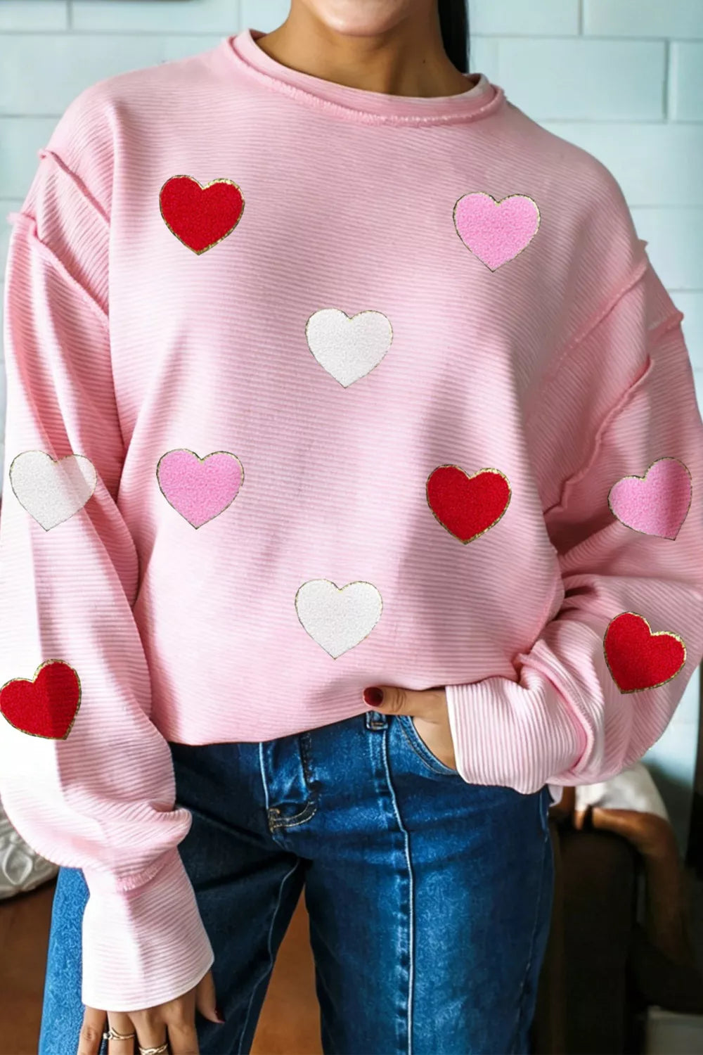 Ribbed Texture Chenille Heart Glitter Trim Patched Long Sleeve Top