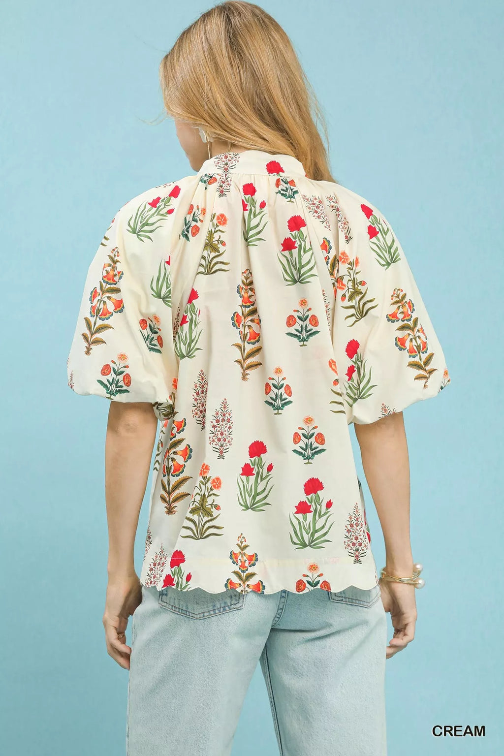 Umgee Floral Print Puff Sleeve Scallop Hem Blouse