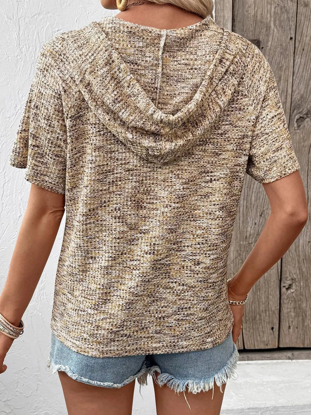 Drawstring Short Sleeve Hooded Top