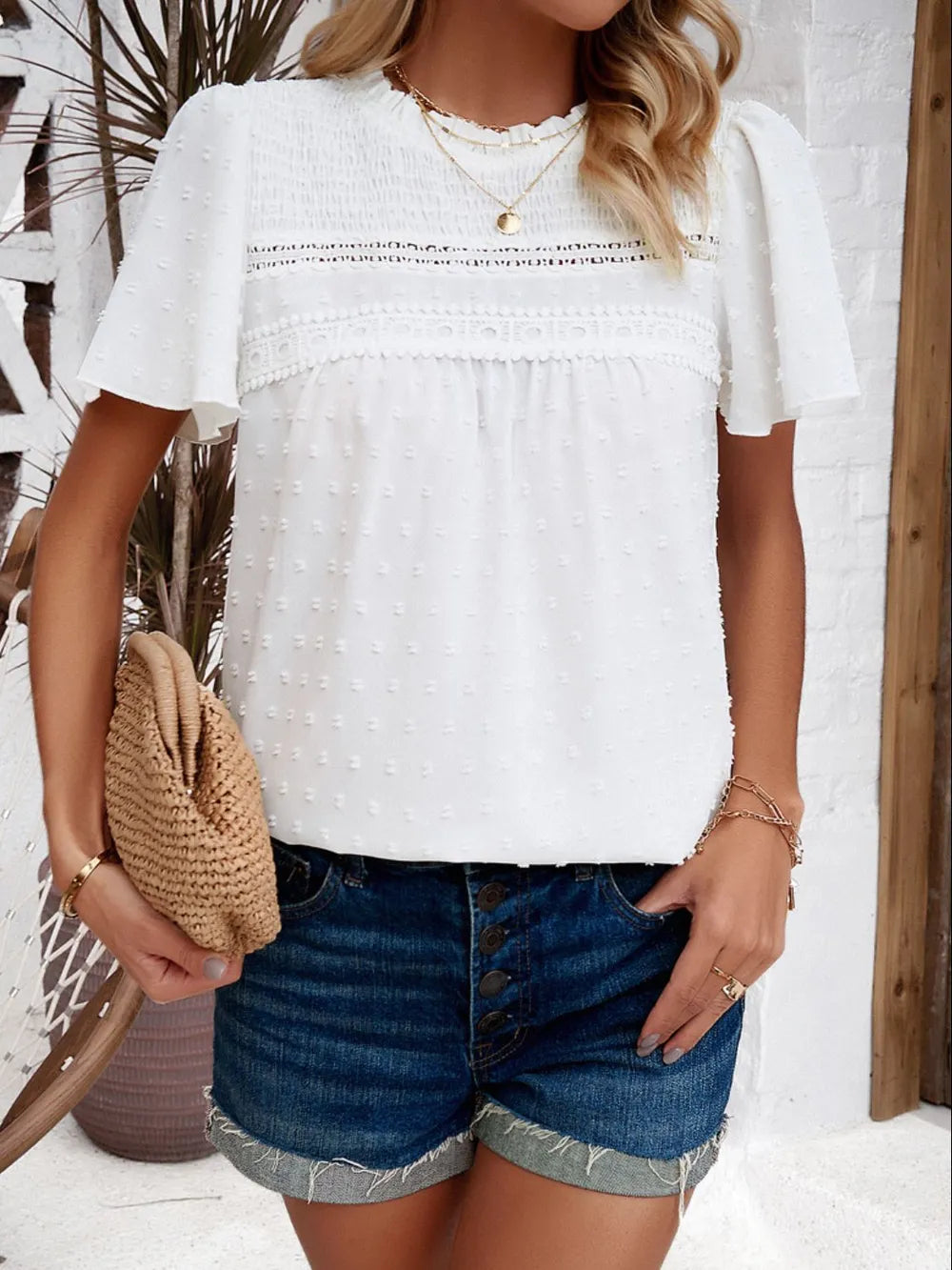Devine Swiss Dot Smocked Round Neck Short Sleeve Blouse