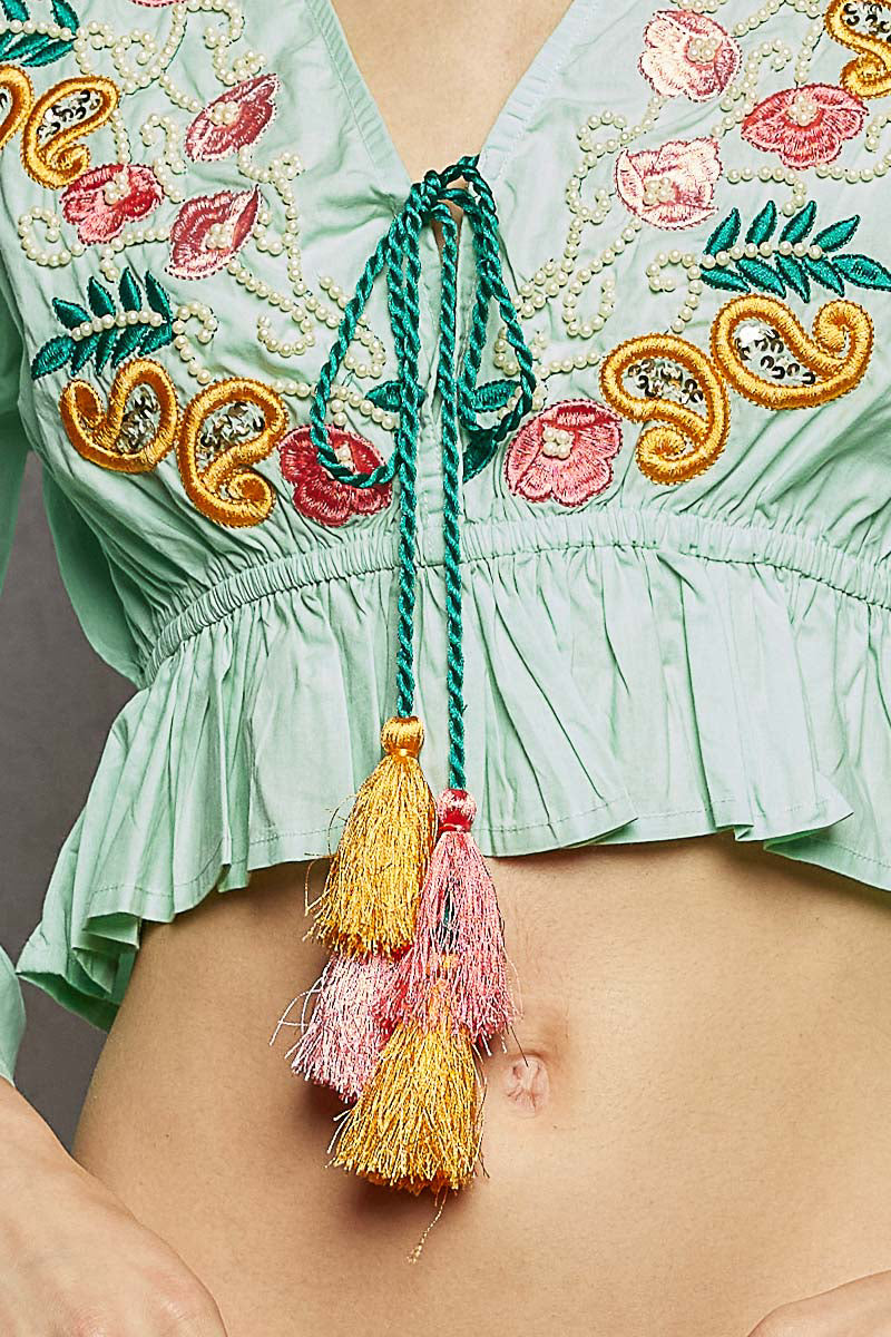 POL Floral Embroidered Cropped Blouse