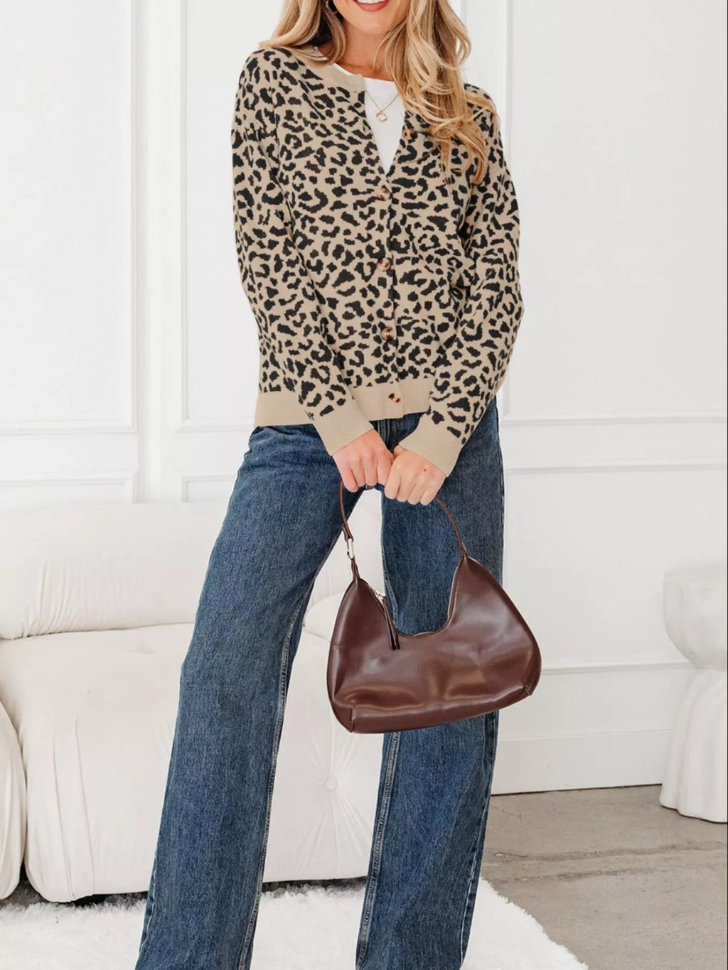 Leopard Drop Shoulder Chunky Knitted Cardigan