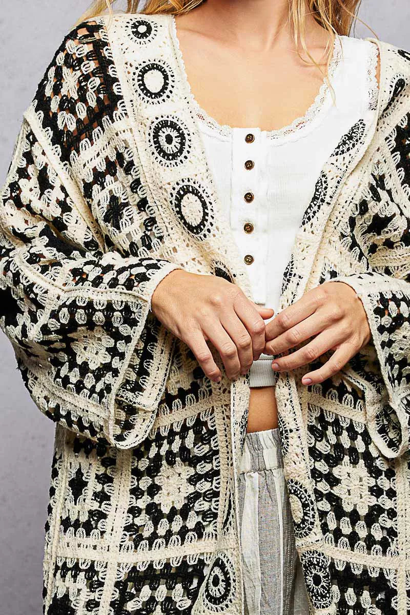 POL Open Front Crochet Cardigan with Granny Square Pattern