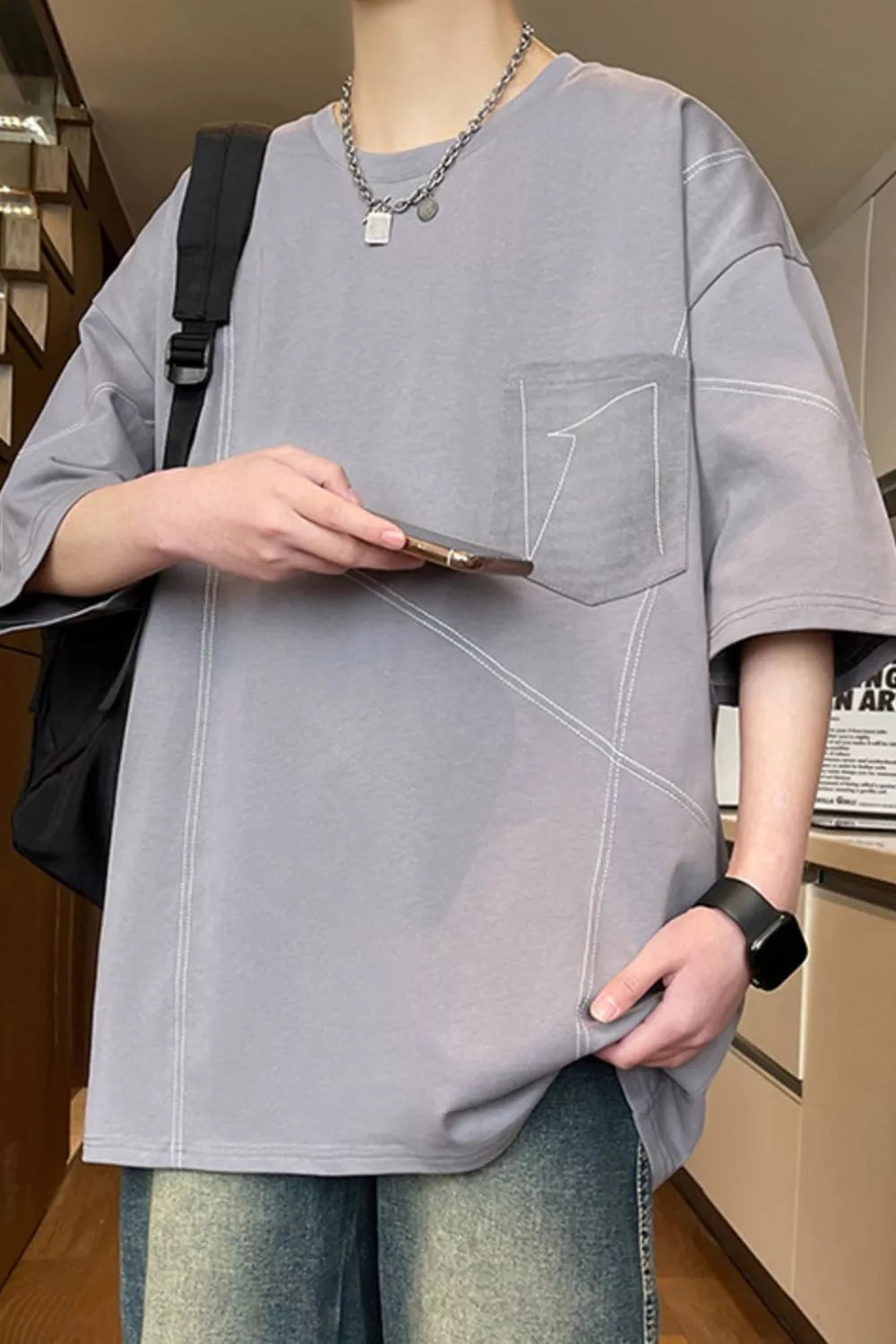 Men's Plus Size Contrast Stitching Oversized Round Neck T-Shirt