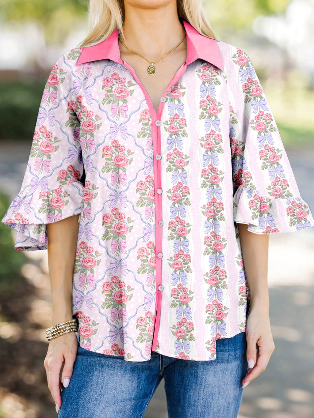 Floral Collared Ruffled Half Sleeve Shirt