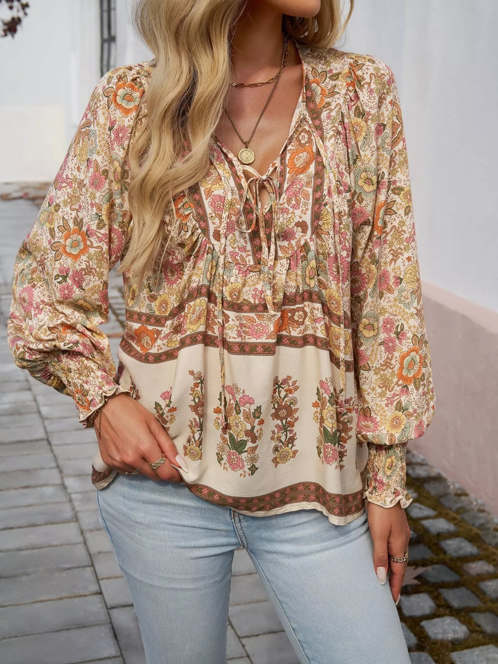 Floral Print Tie Neck Bohemian Blouse