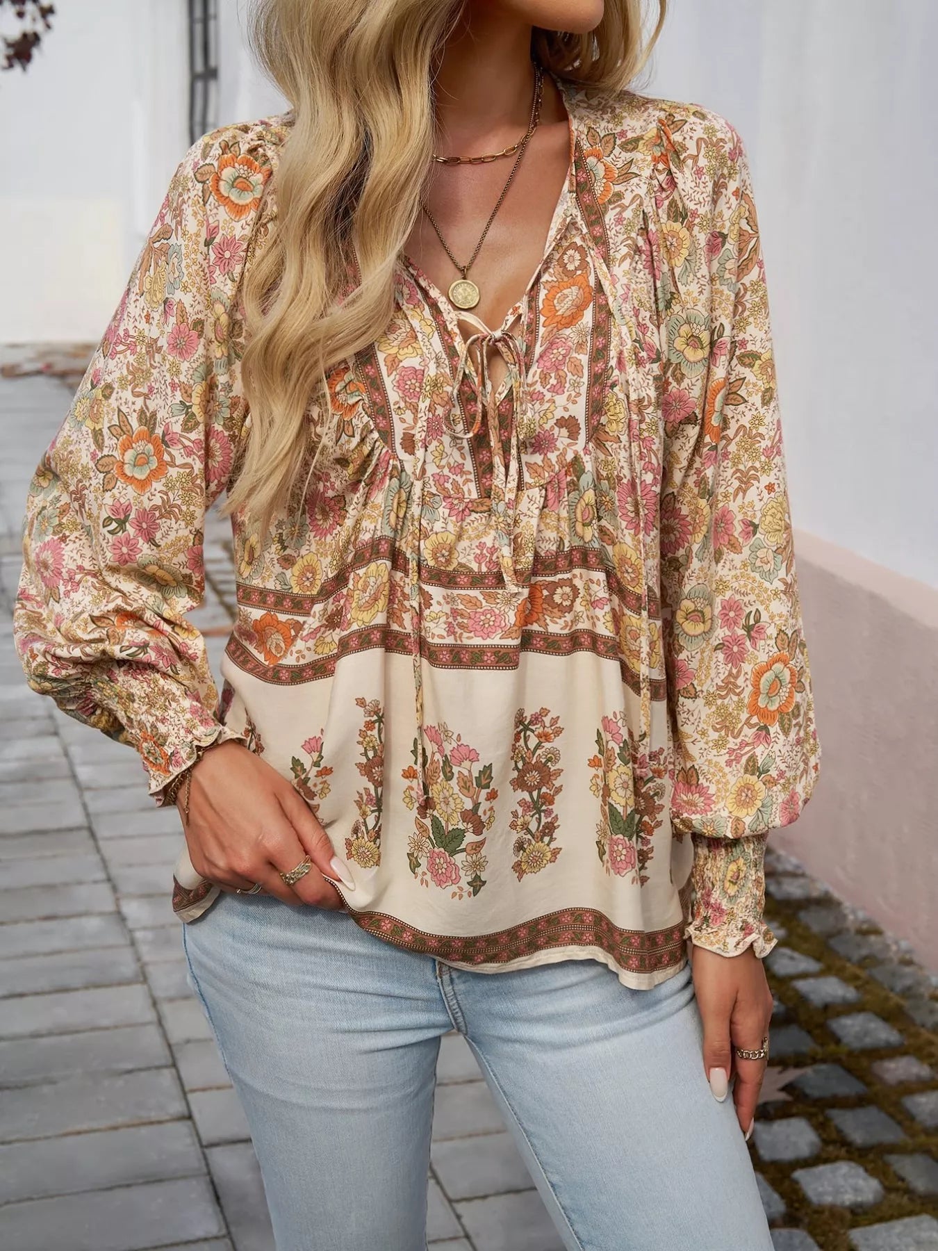 Floral Print Tie Neck Bohemian Blouse