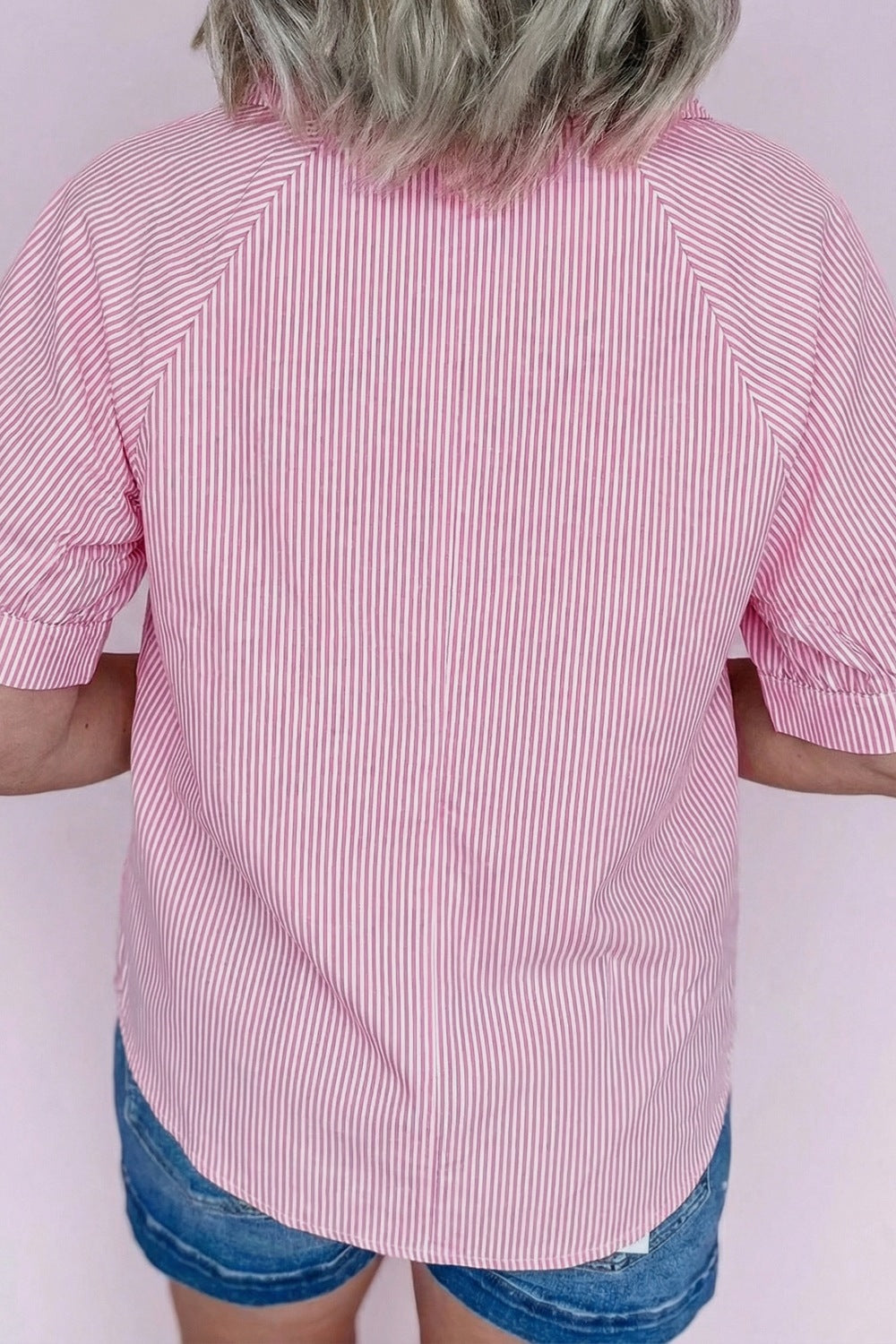 Striped Print Collar V Neck Short Sleeve Blouse