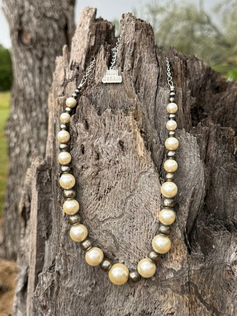 Graduated White Pearl and German Silver Beaded Necklace