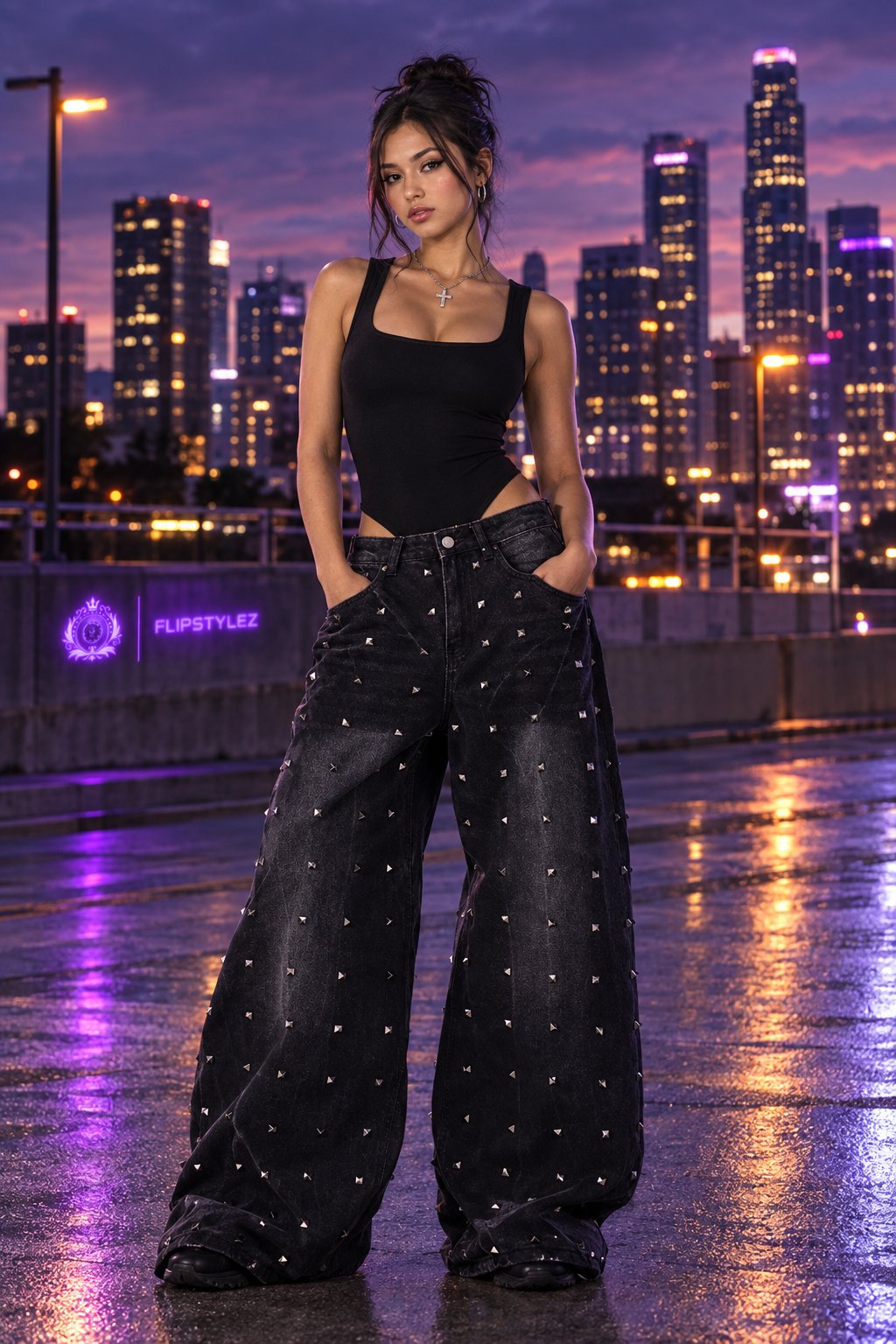 Black Rivet Baggy Denim Jeans | Heavy Duty Wide Leg Streetwear | Women's High-Waist Retro Trousers