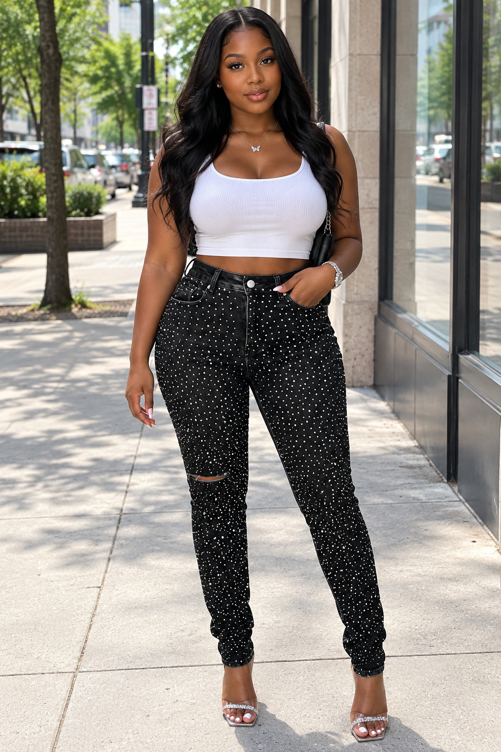 Diamond Distressed Skinny Jeans | Beaded High-Waist Pencil Pants | Women's Y2K Streetwear Denim