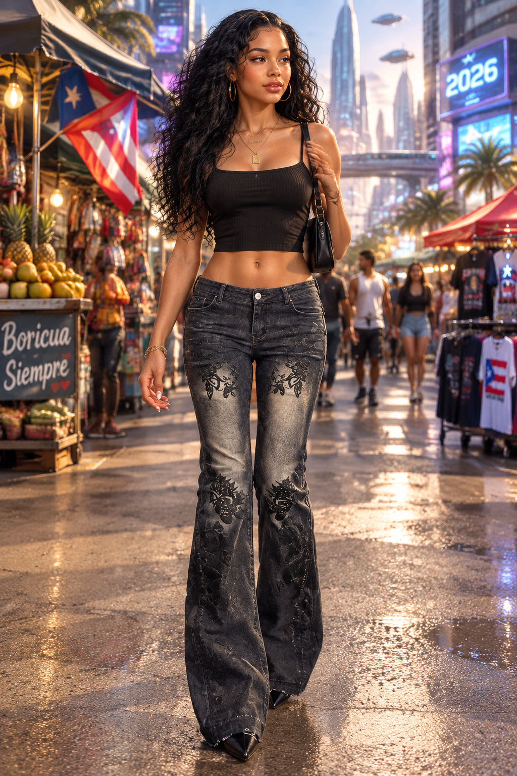 Plant Print Low-Rise Flare Jeans | Washed Vintage Denim | Women's American Retro Streetwear Pants
