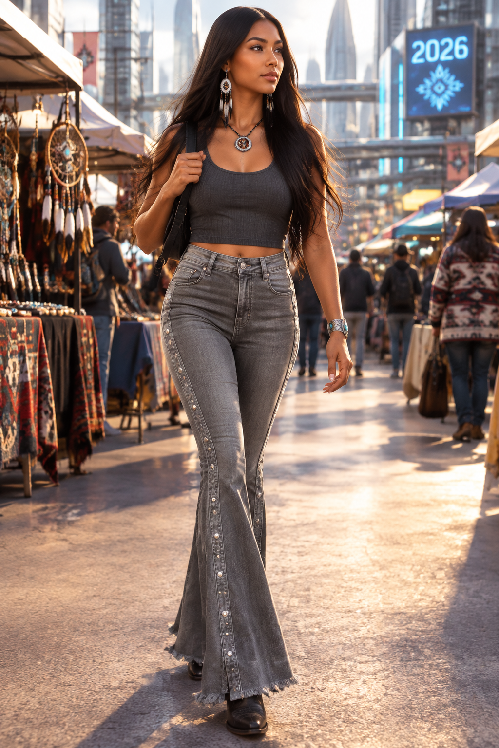 High-Waist Flare Denim Jeans | Distressed Vintage Stretch Trousers | Women's Floor-Length Streetwear Pants