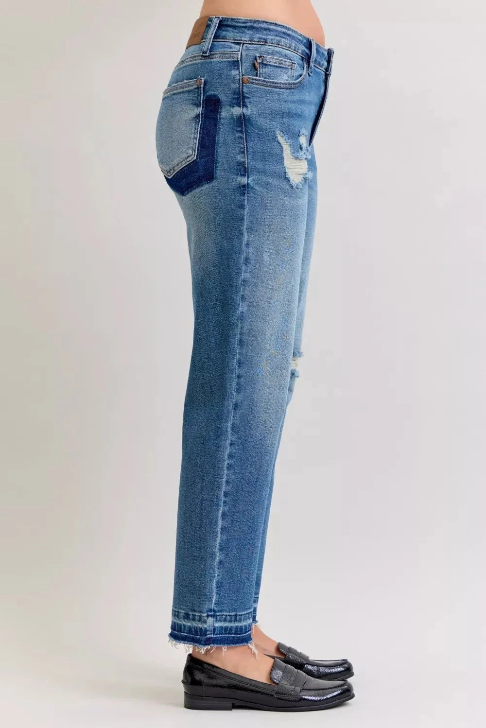 Judy Blue Full Size Mid Rise Bf Patch & Repair Destroy Release Hem Jeans Plus Size