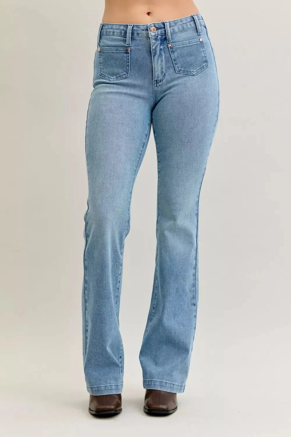 Judy Blue Full Size Mid Rise Bootcut Jeans with Contrast Wash & Front Patch Pockets Plus Size
