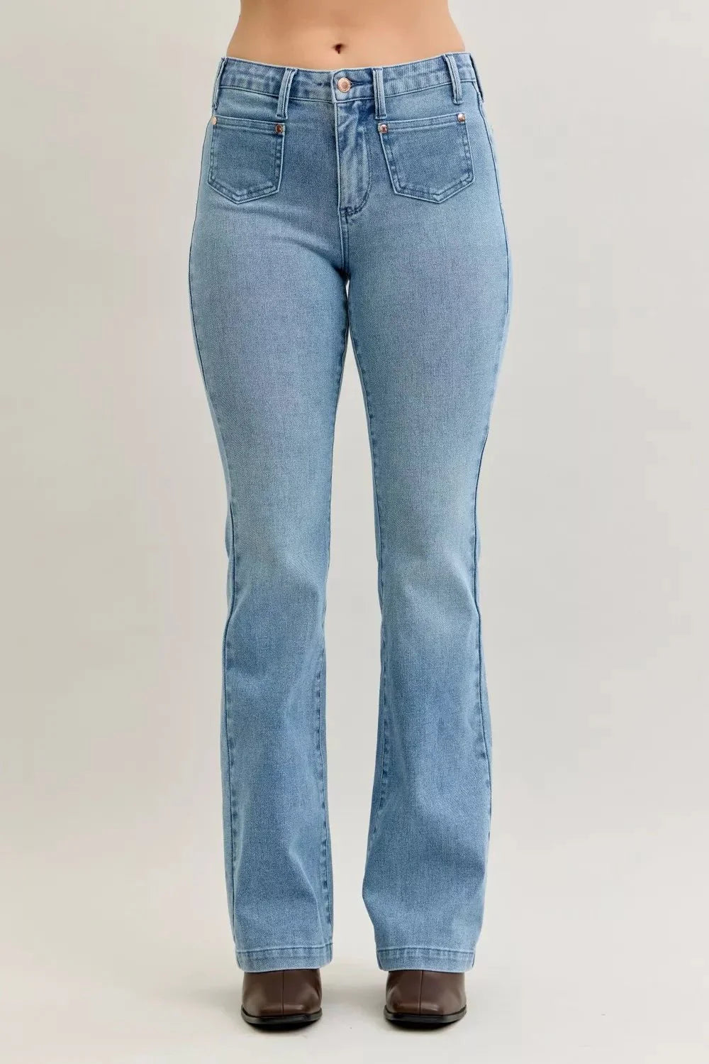 Judy Blue Full Size Mid Rise Bootcut Jeans with Contrast Wash & Front Patch Pockets Plus Size