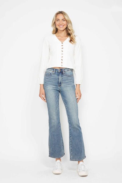 Judy Blue Full Size Tummy Control Back Embroidered Pocketed Bootcut Jeans Plus Size.