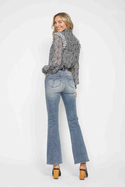 Judy Blue Full Size Tummy Control Back Embroidered Pocketed Bootcut Jeans Plus Size.