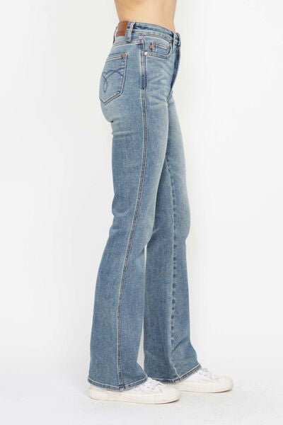 Judy Blue Full Size Tummy Control Back Embroidered Pocketed Bootcut Jeans Plus Size.