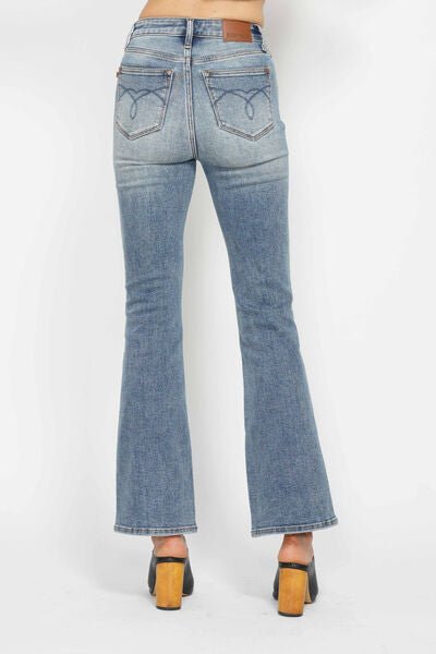 Judy Blue Full Size Tummy Control Back Embroidered Pocketed Bootcut Jeans Plus Size.