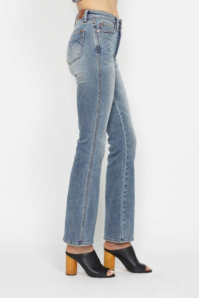 Judy Blue Full Size Tummy Control Back Embroidered Pocketed Bootcut Jeans Plus Size.