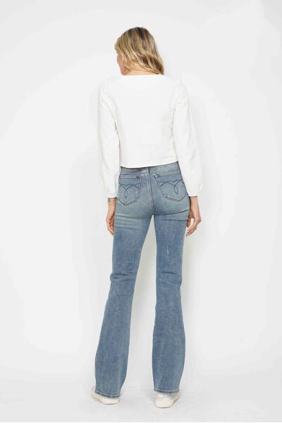 Judy Blue Full Size Tummy Control Back Embroidered Pocketed Bootcut Jeans Plus Size.