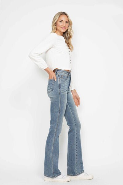Judy Blue Full Size Tummy Control Back Embroidered Pocketed Bootcut Jeans Plus Size.