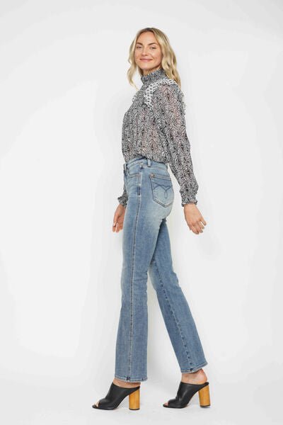 Judy Blue Full Size Tummy Control Back Embroidered Pocketed Bootcut Jeans Plus Size.