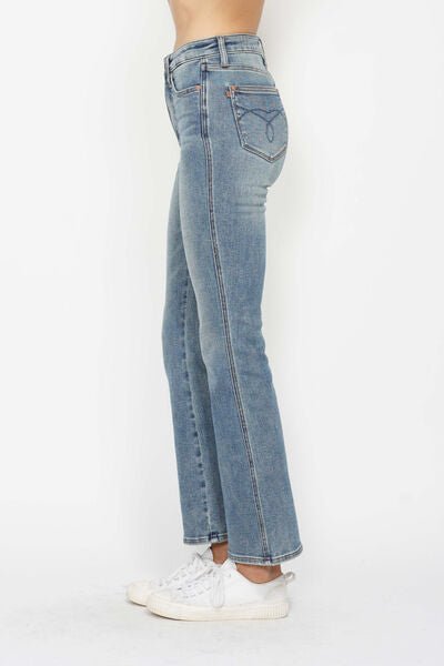 Judy Blue Full Size Tummy Control Back Embroidered Pocketed Bootcut Jeans Plus Size.