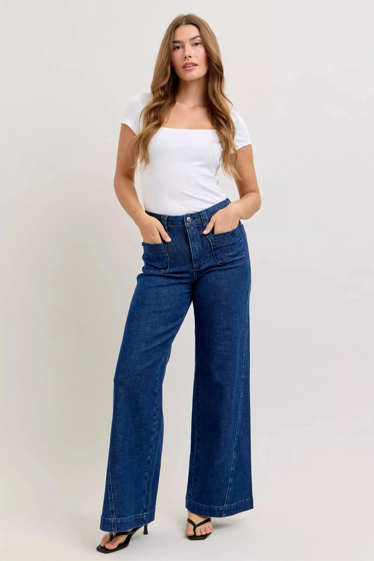 Judy Blue High-Waisted Retro Wide Jeans with Patch Pkts & Twisted Seams