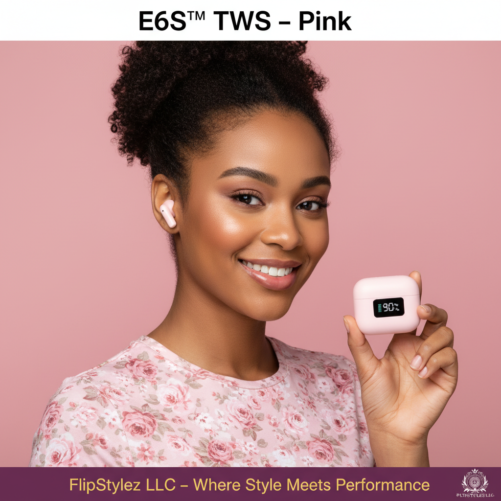 E6S™ TWS Bluetooth 5.0 Wireless Earbuds – Noise Cancelling, IPX5 Waterproof, LED Display, Mic, Black, White & Pink | FlipStylez LLC®