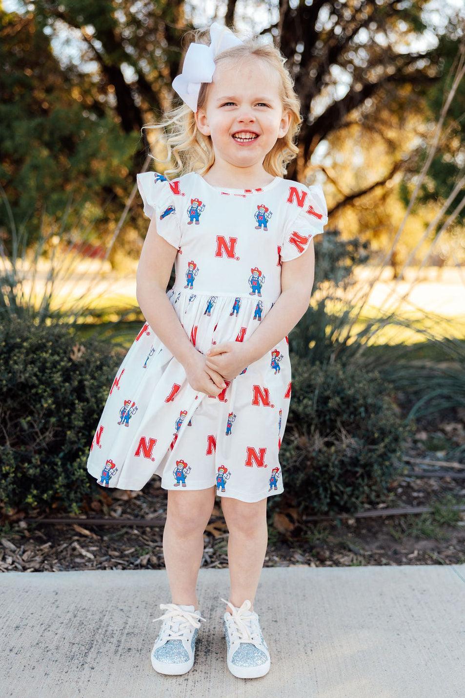Nebraska White Herbie Husker Flutter Twirl Dress