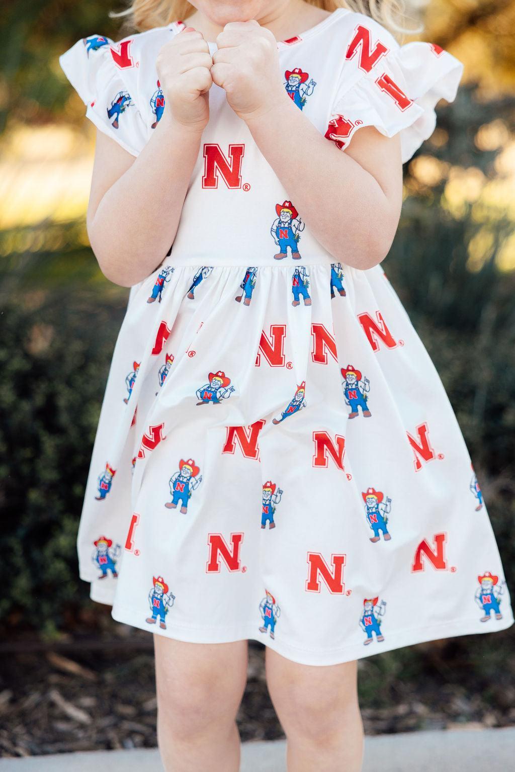 Nebraska White Herbie Husker Flutter Twirl Dress