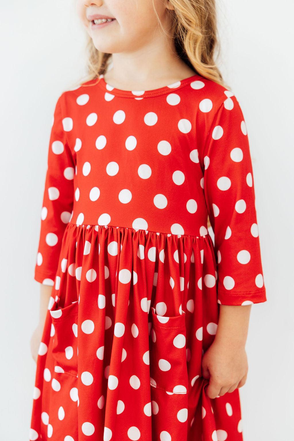 Red Polka Dots 3/4 Sleeve Pocket Twirl Dress