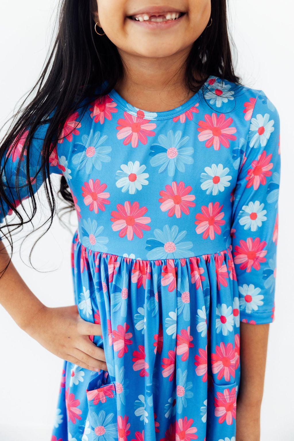 Cotton Candy Daisy 3/4 Sleeve Pocket Twirl Dress