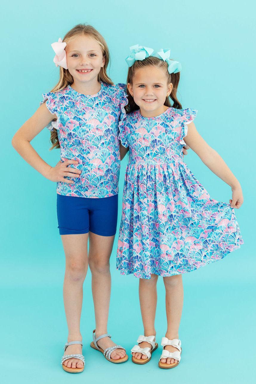 Seaside Shells Flutter Sleeve Twirl Dress
