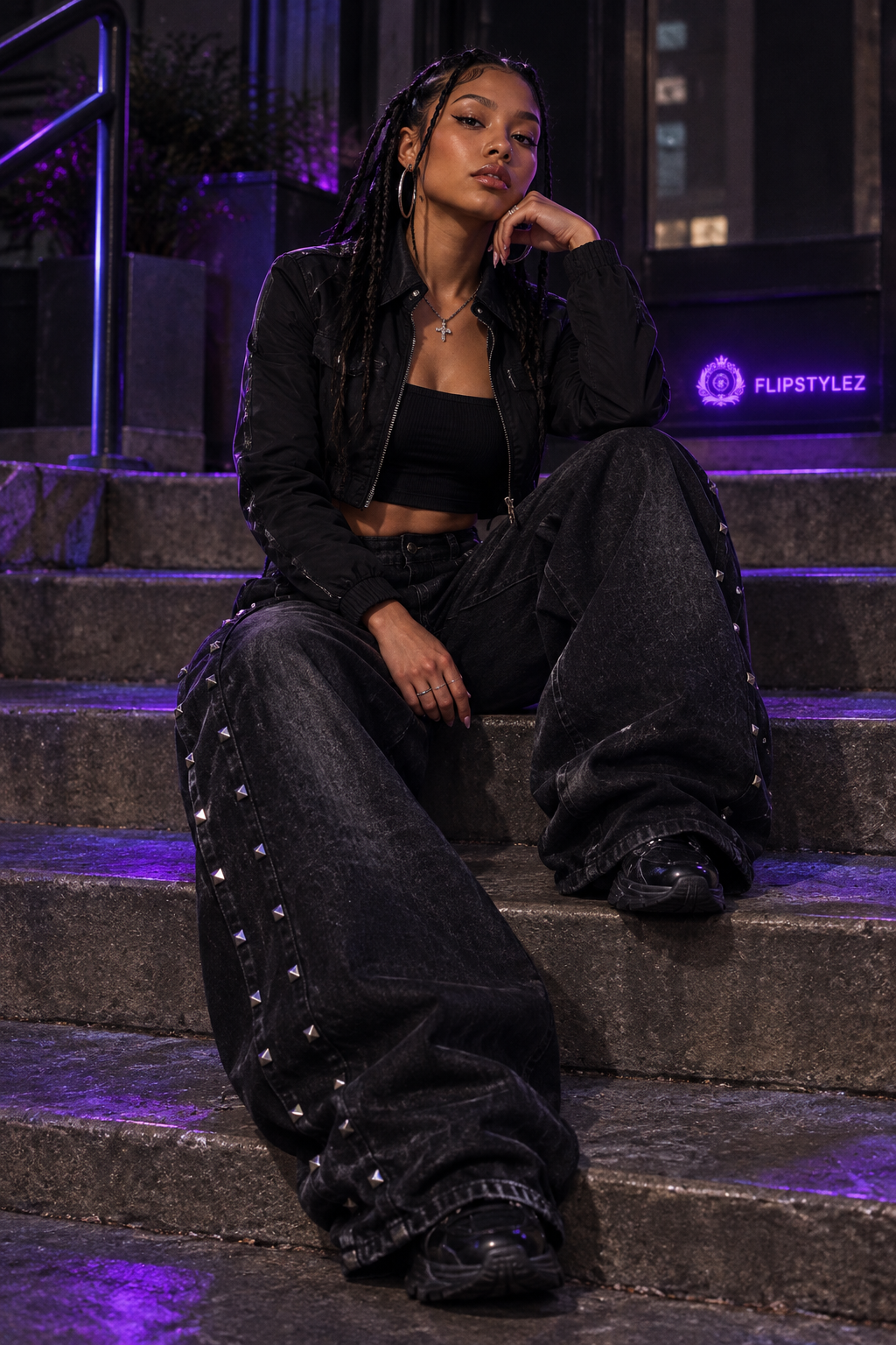 Black Rivet Baggy Denim Jeans | Heavy Duty Wide Leg Streetwear | Women's High-Waist Retro Trousers