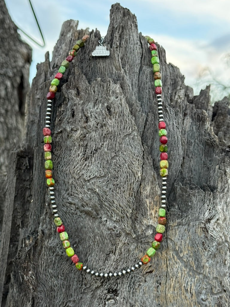 Sterling Silver Cherry Limeade Jasper Beaded Necklace