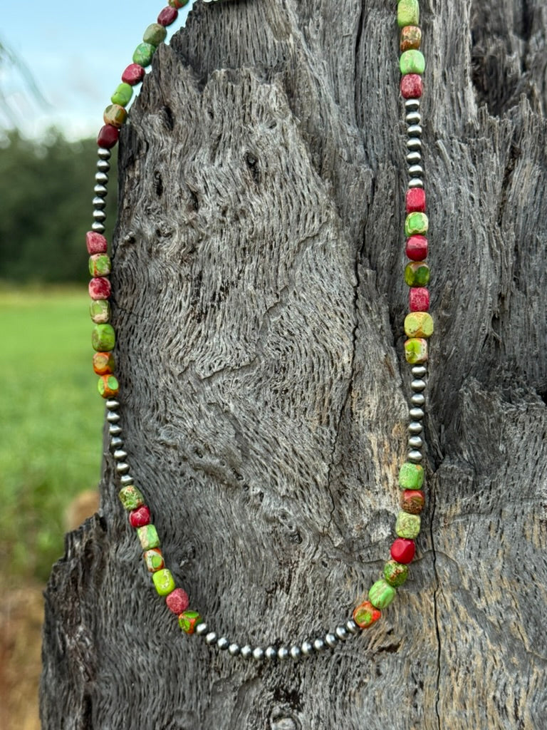Sterling Silver Cherry Limeade Jasper Beaded Necklace