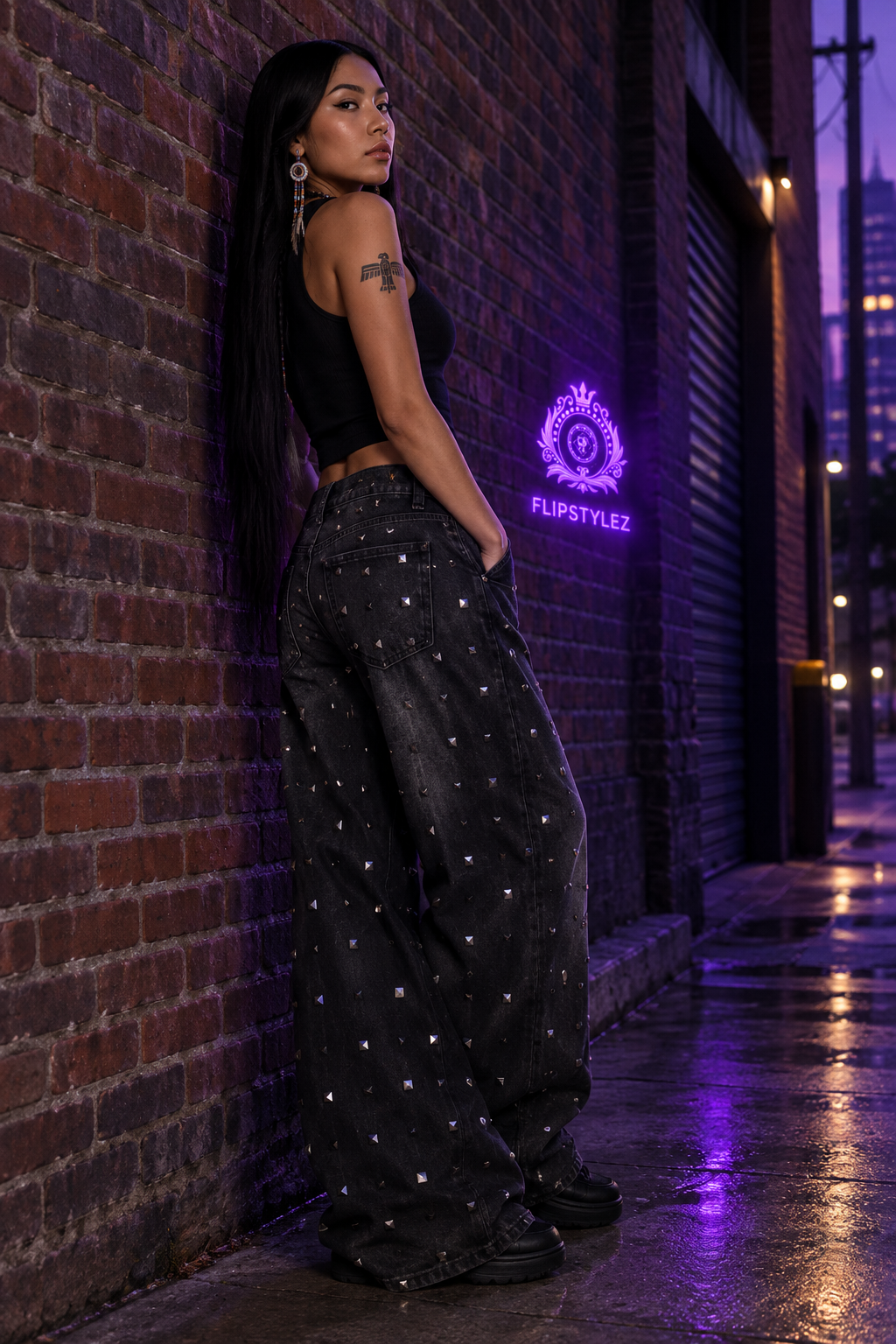 Black Rivet Baggy Denim Jeans | Heavy Duty Wide Leg Streetwear | Women's High-Waist Retro Trousers