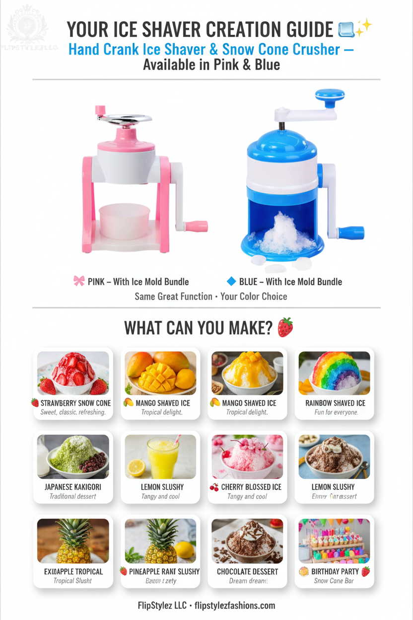 Hand Crank Ice Shaver & Snow Cone Crusher | Premium ABS Slushy Maker with Ice Mold Bundle Option | Pink & Blue | Home & Party Use