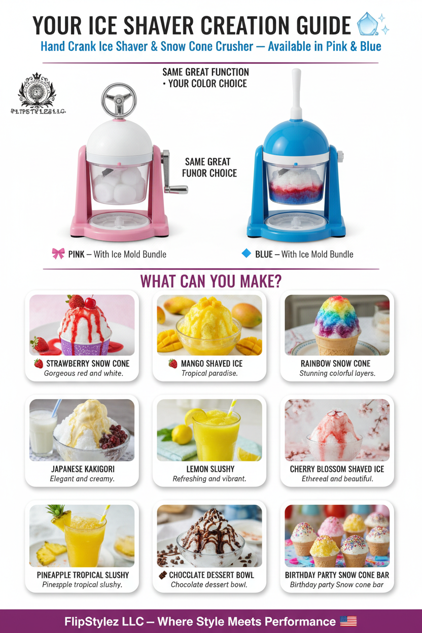 Hand Crank Ice Shaver & Snow Cone Crusher | Premium ABS Slushy Maker with Ice Mold Bundle Option | Pink & Blue | Home & Party Use