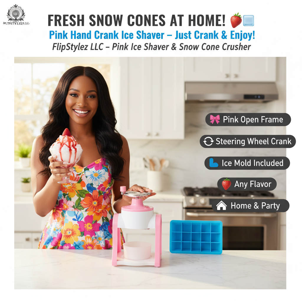 Hand Crank Ice Shaver & Snow Cone Crusher | Premium ABS Slushy Maker with Ice Mold Bundle Option | Pink & Blue | Home & Party Use