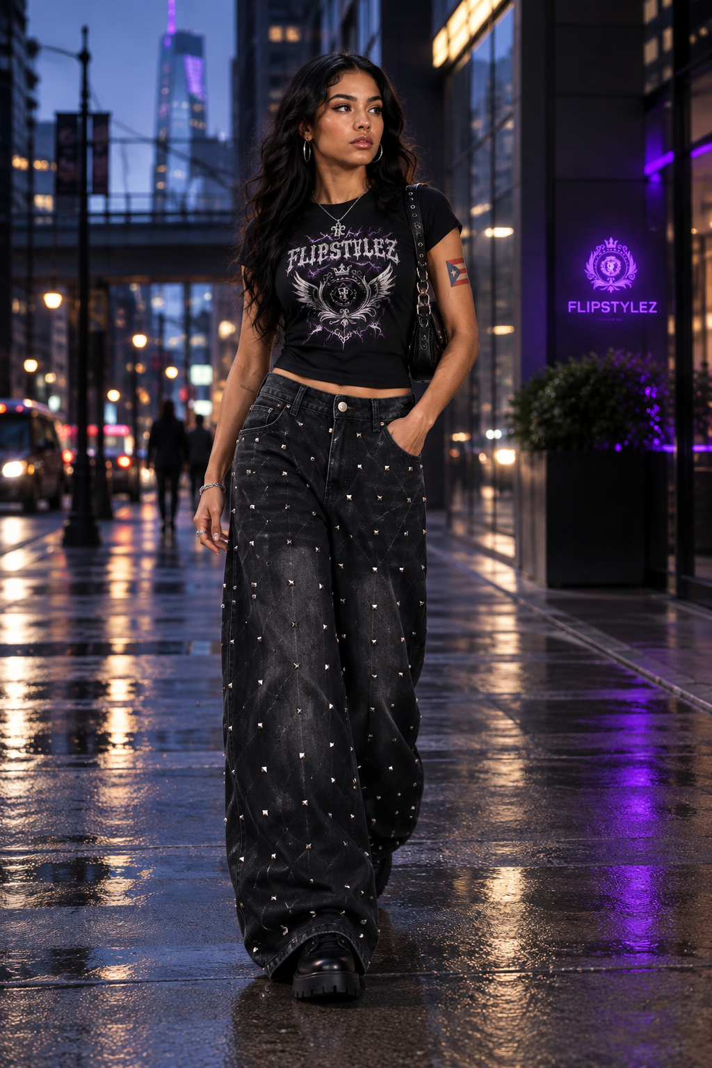 Black Rivet Baggy Denim Jeans | Heavy Duty Wide Leg Streetwear | Women's High-Waist Retro Trousers