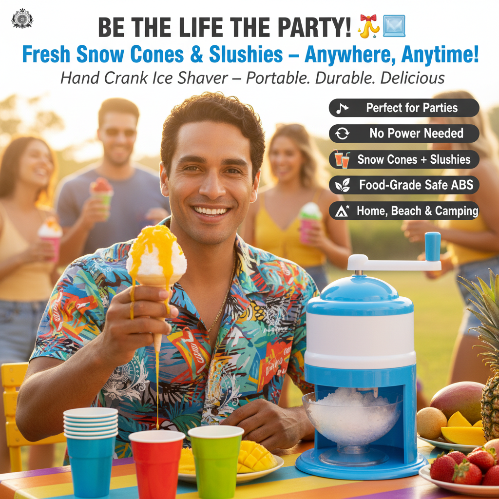 Hand Crank Ice Shaver Machine & Slushy Maker | Snow Cone Crusher with Durable ABS | Summer Parties, Home & Outdoor Use