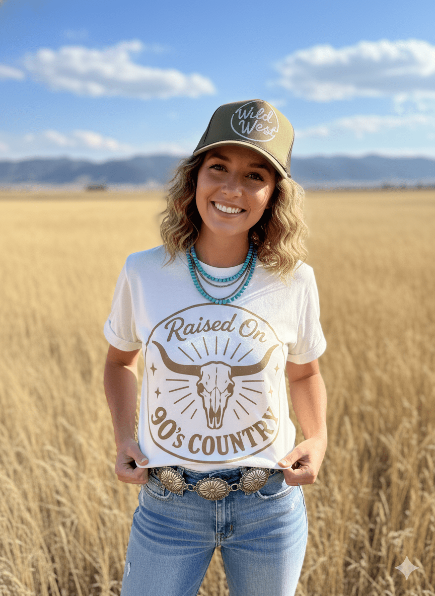 Raised On 90's Country Steer Skull Graphic Tee