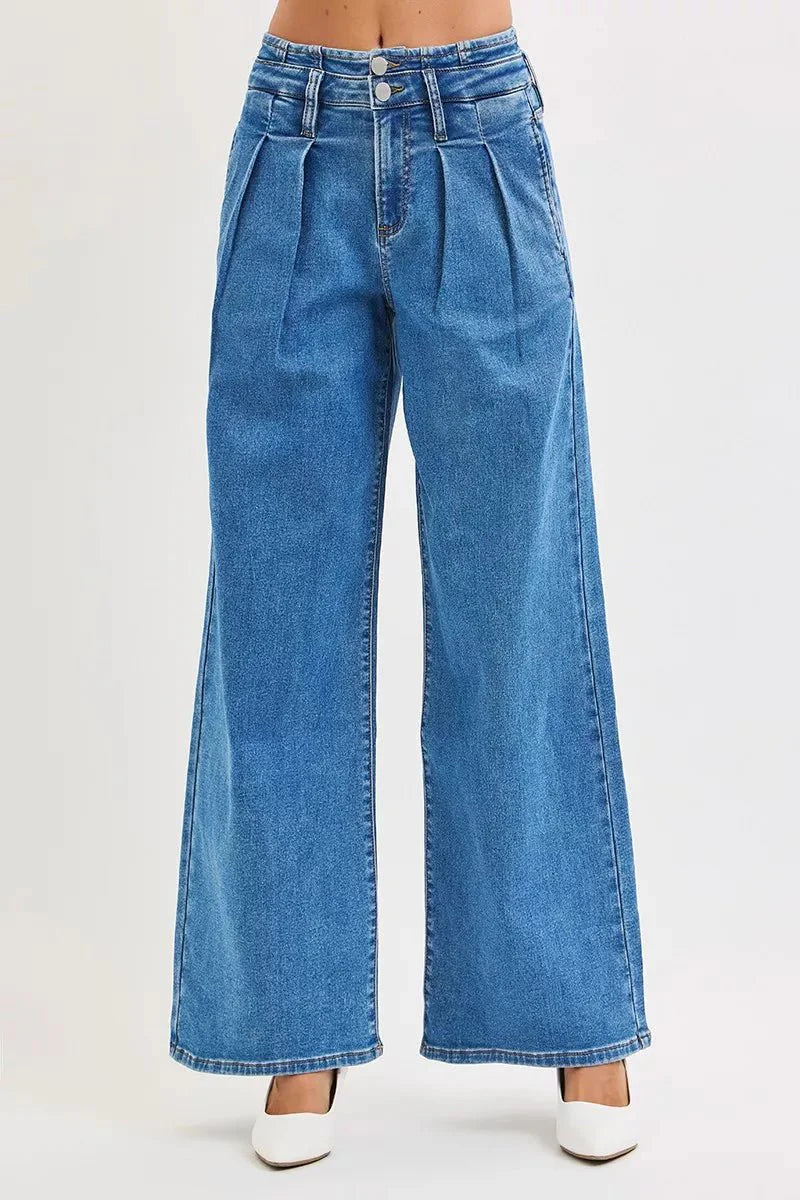 RISEN Full Size Mid Rise Fit Wide Leg with Pleated Detail Jeans Plus Size