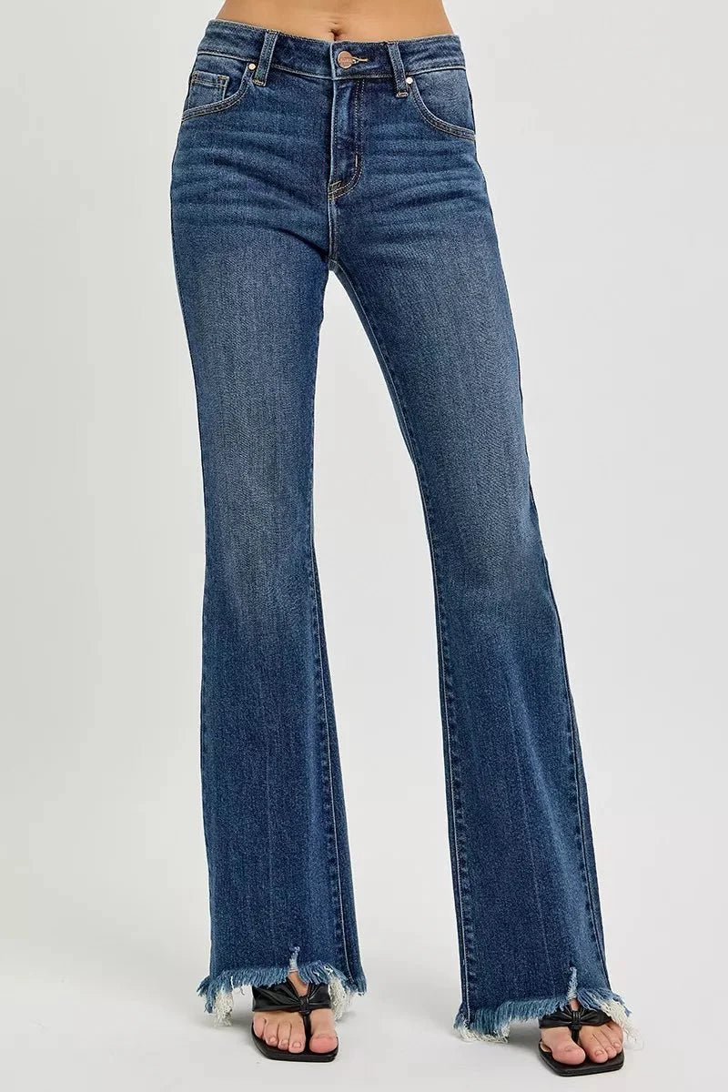 RISEN Full Size Mid Rise Flare Frayed Hem Jeans Plus Size